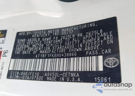 2017 Toyota Camry Le из США, поврежденный, VIN 4T1BF1FK6HU438866